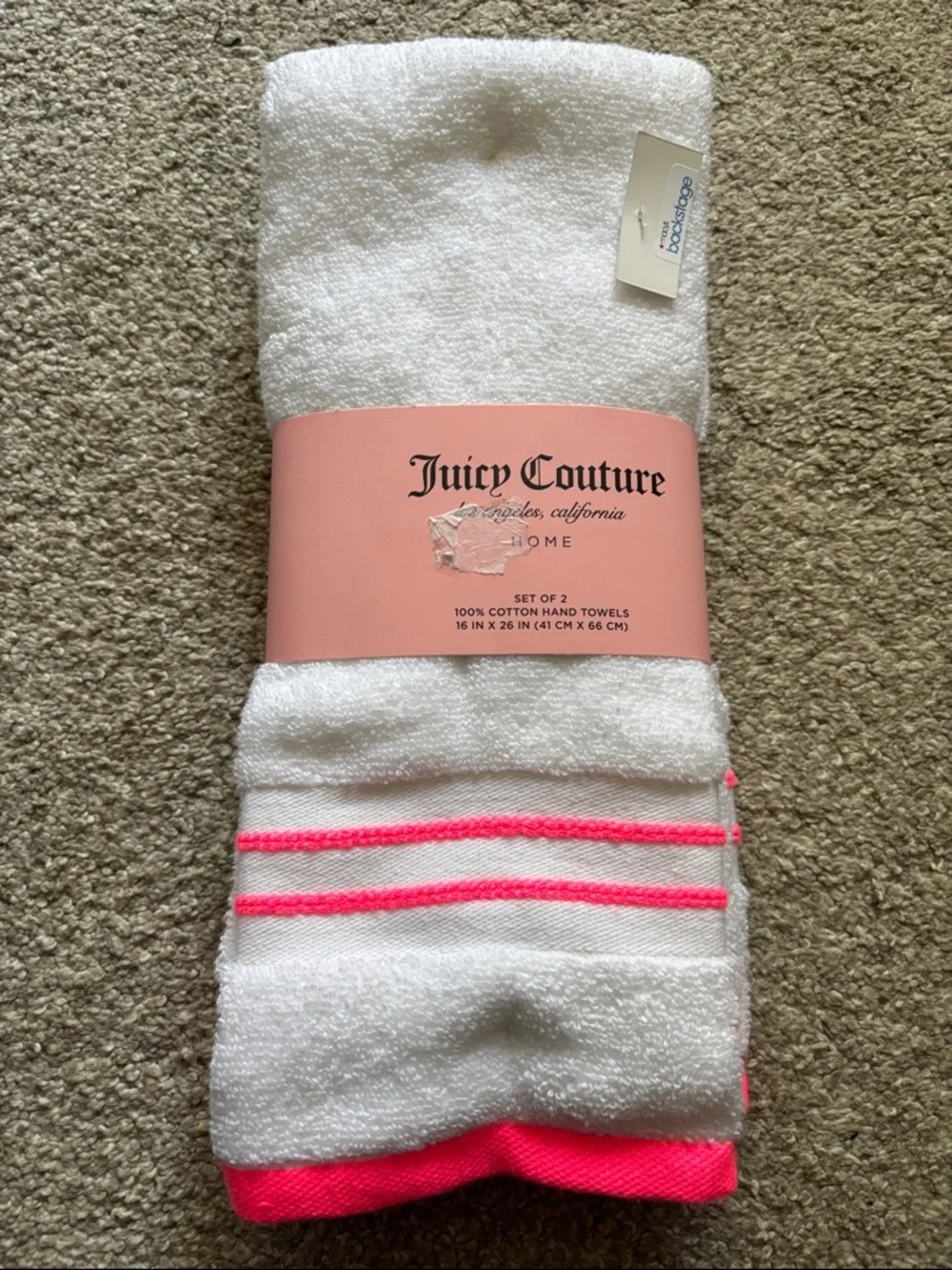 Juicy Couture White Hand Towels with Neon Pink Stripes